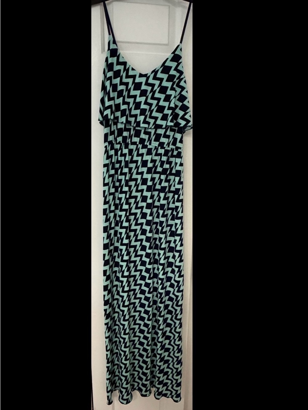Trixxi Teal and Navy Chevron Maxi Dress with Spaghetti Straps